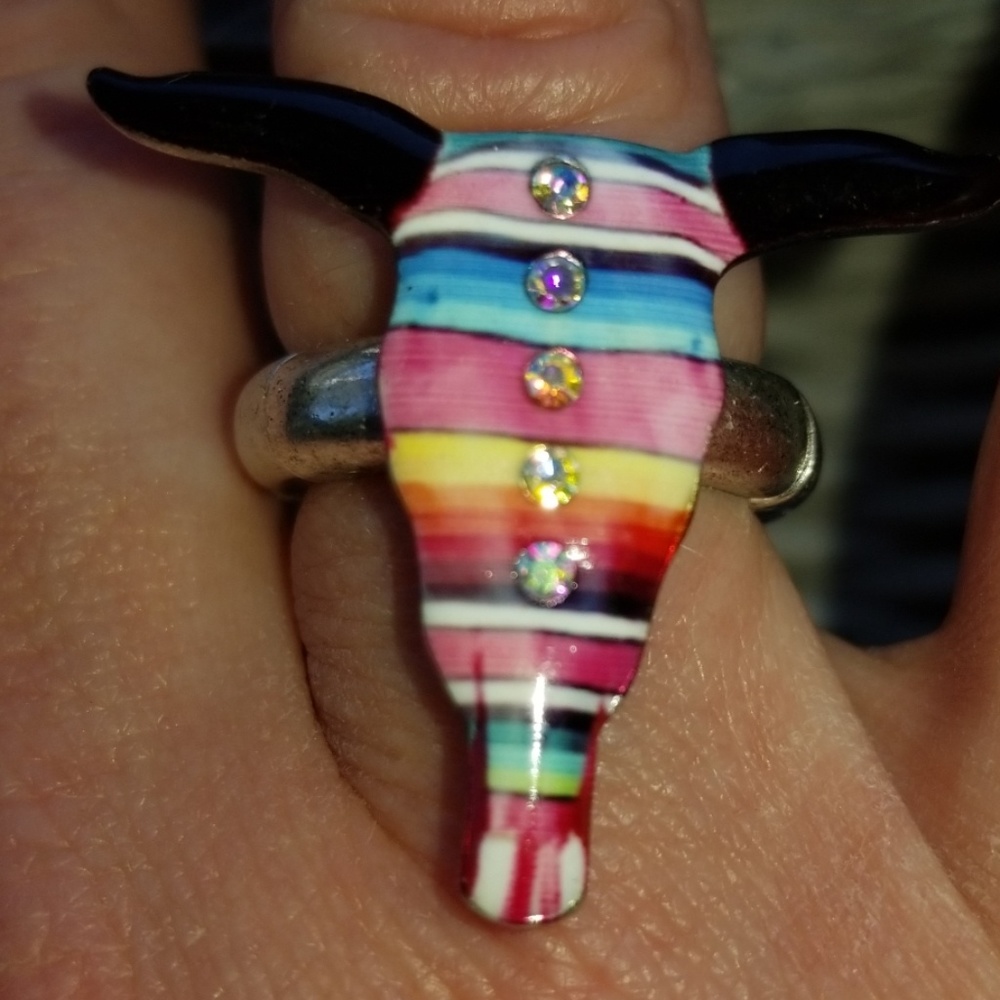 Serape Steer Head Boho Hippie Cowgirl gypsy Southwestern Silvertone stretch ring - Picture 3 of 8